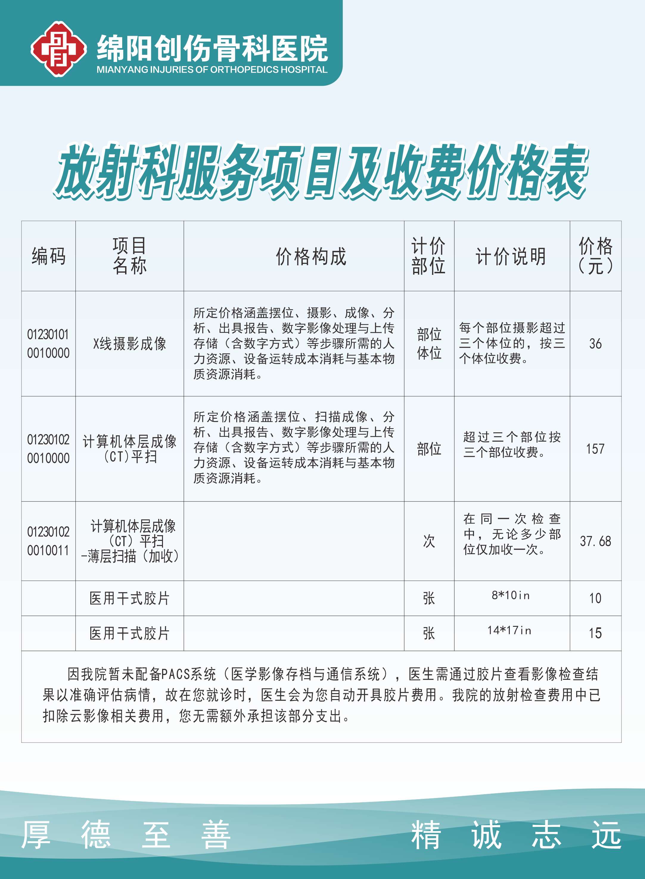 放射科服务项目及收费价格表公示